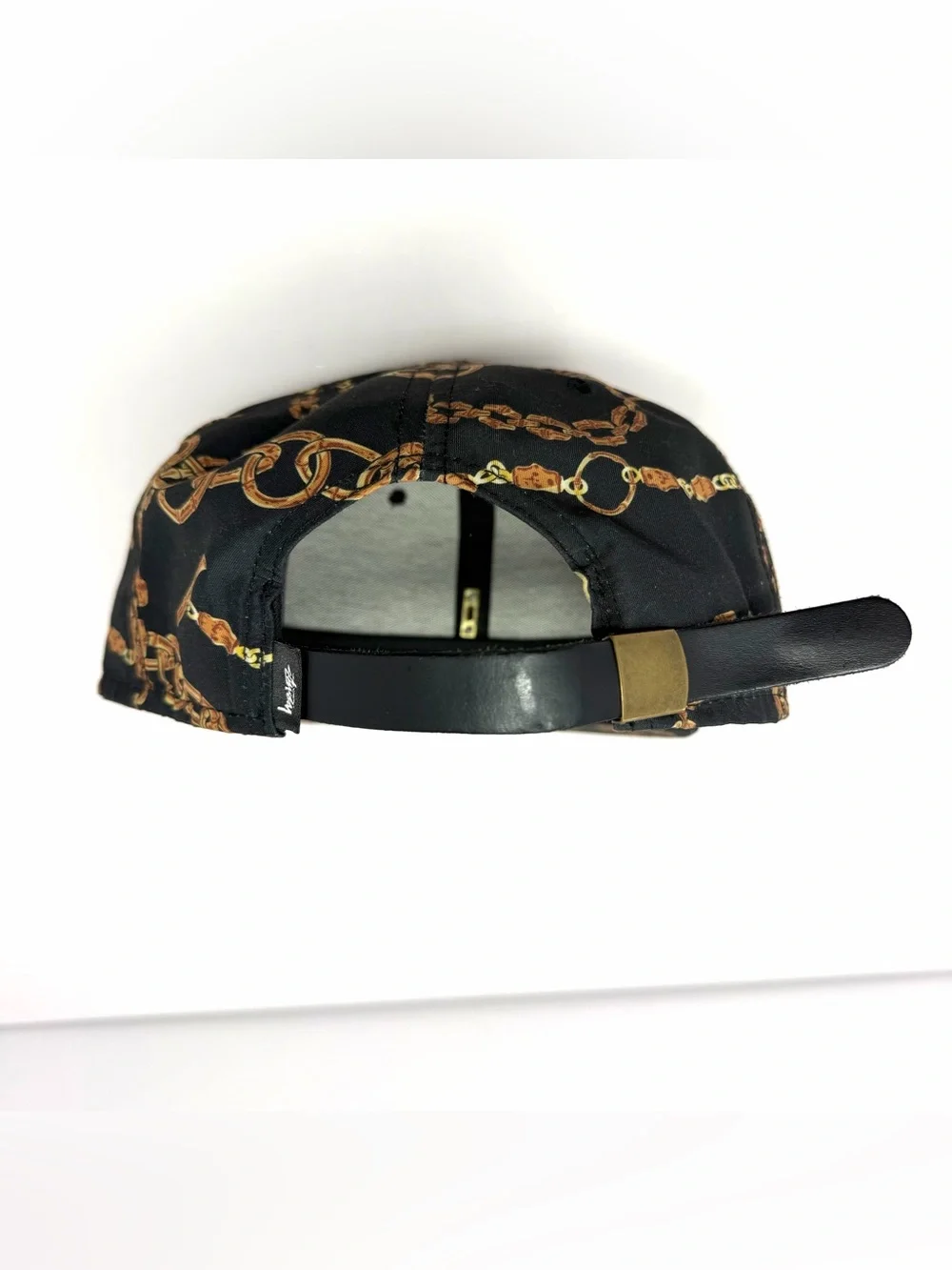 Stussy Baroque Chain Pattern Baseball Cap Leather Strapback Hat Black Luxury EUC